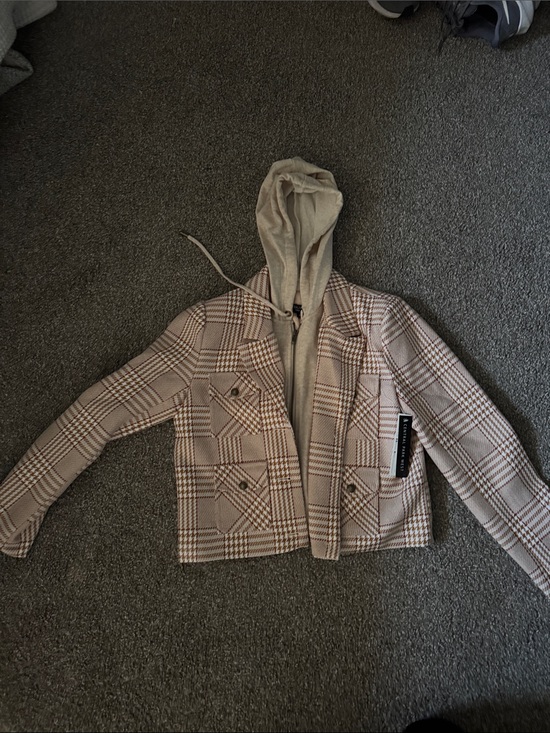 Central Park West Jackets & Blazers - Plaid Hooded Jacket - Beige Plaid